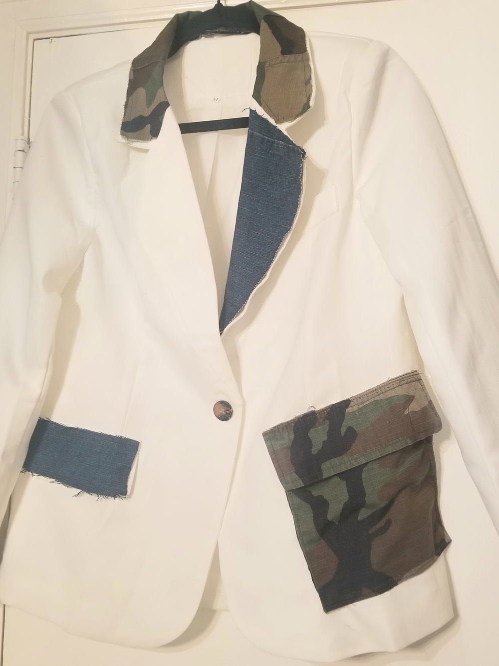 White Women's Blazer with Camo & Denim Custom Blazer